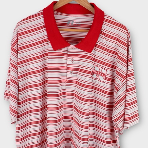 Russell Nebraska Huskers Polo Shirt 3XL Red White Striped Collared Embroidered N - Picture 2 of 4